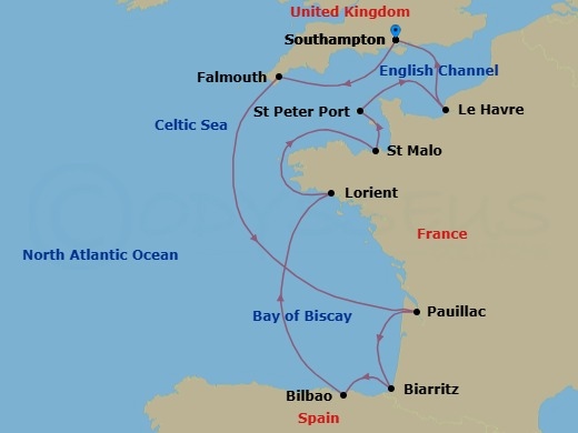 12 Night - Gourmet & Glamour - Seven Seas Voyager - Starting in London (Southampton), Falmouth, Cruising the English Channel and Bay of Biscay, Bordeaux (Pauillac), Biarritz (Saint-Jean-De-Luz), Bilbao, Lorient, Cruising the Bay of Biscay and English Channel, Saint-malo, St Peter Port, Guernsey, Paris (Le Havre), London (Southampton) itinerary map