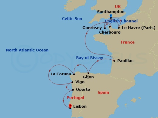 12 Night - Regal Shores - Seven Seas Prestige - Starting in London (Southampton), Paris (Le Havre), St Peter Port, Guernsey, Cherbourg, Cruising the English Channel and Bay of Biscay, Bordeaux (Pauillac), Cruising the Bay of Biscay, Gijon, Spain, La Coruna, Vigo, Oporto, Lisbon itinerary map