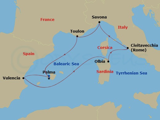 7 Night - Western Mediterranean from Palma De Mallorca - Costa Pacifica - Starting in Palma De Mallorca, Valencia, Olbia, Civitavecchia (Rome), Savona, La Seyne (St Tropez), Palma De Mallorca itinerary map