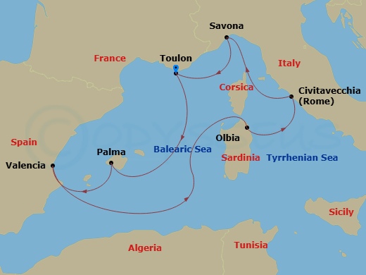 7 Night - Western Mediterranean from Toulon- La Seyne Sur Mer - Costa Pacifica - Starting in La Seyne (St Tropez), Palma De Mallorca, Valencia, Olbia, Civitavecchia (Rome), Savona, La Seyne (St Tropez) itinerary map