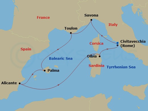 7 Night - Western Mediterranean from Civitavecchia - Costa Pacifica - Starting in Civitavecchia (Rome), Savona, La Seyne (St Tropez), Palma De Mallorca, Alicante, Olbia, Civitavecchia (Rome) itinerary map