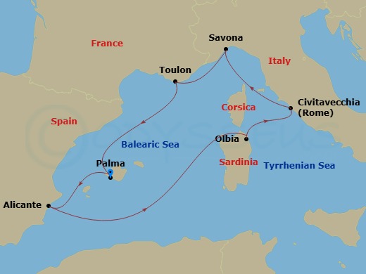 7 Night - Western Mediterranean from Palma De Mallorca - Costa Pacifica - Starting in Palma De Mallorca, Alicante, Olbia, Civitavecchia (Rome), Savona, La Seyne (St Tropez), Palma De Mallorca itinerary map