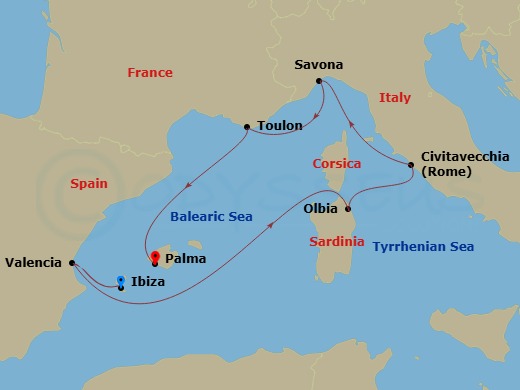 7 Night - Western Mediterranean from Ibiza - Costa Pacifica - Starting in Ibiza, Valencia, Olbia, Civitavecchia (Rome), Savona, La Seyne (St Tropez), Palma De Mallorca itinerary map