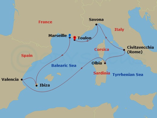 7 Night - Western Mediterranean from Marseille - Costa Pacifica - Starting in Marseille, Ibiza, Valencia, Olbia, Civitavecchia (Rome), Savona, La Seyne (St Tropez) itinerary map