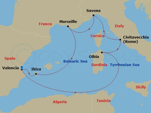 7 Night - Western Mediterranean from Valencia - Costa Pacifica - Starting in Valencia, Olbia, Civitavecchia (Rome), Savona, Marseille, Ibiza, Valencia itinerary map
