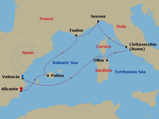 7 Night - Western Mediterranean from Valencia - Costa Pacifica - Starting in Valencia, Olbia, Civitavecchia (Rome), Savona, La Seyne (St Tropez), Palma De Mallorca, Alicante itinerary map