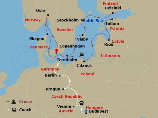 20 Night - Imperial Treasures - Tour 1A - Sapphire Princess Tours - Starting in Budapest, Hungary, Vienna, Austria, Prague, Czech Republic, Berlin, Germany, Copenhagen, Denmark, Oslo, Norway, Skagen, Denmark, Bornholm, Denmark, Visby, Sweden, Stockholm, Sweden, Helsinki, Finland, Tallinn, Estonia, Riga, Latvia, Gdansk (Gdynia), Poland, Copenhagen, Denmark itinerary map