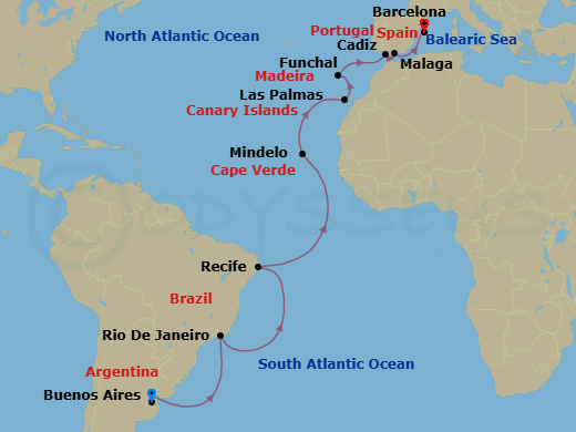 20 Night - Europe from Buenos Aires to Barcelona - Costa Serena - Starting in Buenos Aires, Argentina, Rio de Janeiro, Brazil, Recife, Brazil, Mindelo / Sao Vicente, Las Palmas, Canary Islands, Funchal (Madeira), Cadiz, Spain, Malaga, Spain, Barcelona, Spain itinerary map