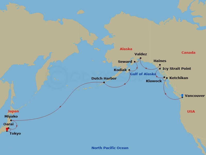 21 Night - Alaska & Japan Cruise : Icy Strait, Seward & Tokyo - Azamara Pursuit - Starting in Vancouver, British Columbia, Cruising Inside Passage, Ketchikan, Alaska, Klawock, Alaska, Icy Strait Point, Alaska, Haines, Alaska, Cruise Hubbard Glacier, Valdez, Alaska, Seward, Alaska, Kodiak, Alaska, Dutch Harbor, Alaska, Cross International Dateline East, Miyako, Iwate, Hitachinaka, Tokyo itinerary map
