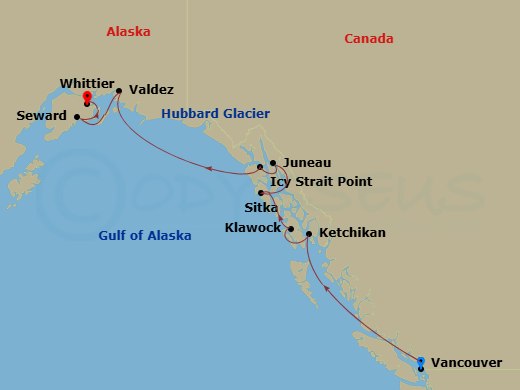 10 Night - Alaska Cruise : Ketchikan, Juneau & Hubbard Glacier - Azamara Pursuit - Starting in Vancouver, British Columbia, Cruising Inside Passage, Ketchikan (Ward Cove), Alaska, Klawock, Alaska, Sitka, Alaska, Juneau, Alaska, Icy Strait Point, Alaska, Cruise Hubbard Glacier, Valdez, Alaska, Seward, Alaska, Whittier, Alaska itinerary map