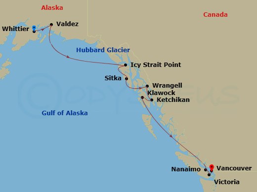 11 Night - Alaska Cruise : Hubbard Glacier, Sitka & Ketchikan - Azamara Pursuit - Starting in Whittier, Alaska, Valdez, Alaska, Cruise Hubbard Glacier, Icy Strait Point, Alaska, Sitka, Alaska, Wrangell, Ketchikan, Alaska, Klawock, Alaska, Cruising Inside Passage, Nanaimo, British Columbia, Victoria CA, Canada, Vancouver, British Columbia itinerary map