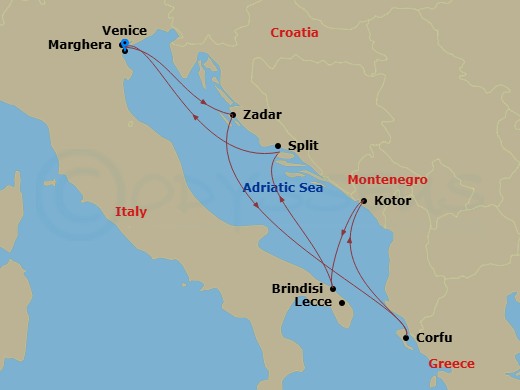 7 Night - Mediterranean - MSC Armonia - Starting in Venice / Marghera, Italy, Zadar, Croatia, Corfu, Greece, Kotor, Montenegro, Brindisi (Lecce), Italy, Split, Croatia, Venice / Marghera, Italy itinerary map