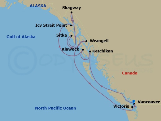 10 Night - Alaska Cruise : Klawock, Sitka & Hubbard Glacier - Azamara Pursuit - Starting in Vancouver, British Columbia, Cruising Inside Passage, Ketchikan (Ward Cove), Alaska, Klawock, Alaska, Icy Strait Point, Alaska, Skagway, Sitka, Alaska, Wrangell, Cruising Inside Passage, Victoria CA, Canada, Vancouver, British Columbia itinerary map
