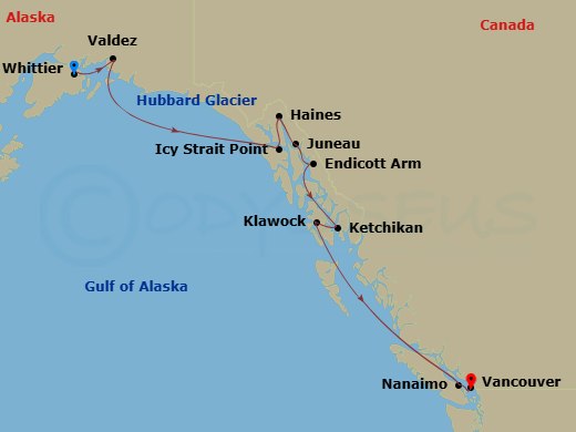 11 Night - Alaska Cruise : Hubbard Glacier, Juneau & Ketchikan - Azamara Pursuit - Starting in Whittier, Alaska, Valdez, Alaska, Cruise Hubbard Glacier, Icy Strait Point, Alaska, Haines, Alaska, Juneau, Alaska, Cruising Endicott Arm, Alaska, Ketchikan (Ward Cove), Alaska, Klawock, Alaska, Cruising Inside Passage, Nanaimo, British Columbia, Vancouver, British Columbia itinerary map