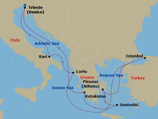 9 Night - Mediterranean - MSC Fantasia - Starting in Trieste (Venice), Italy, Katakolon (Olympia), Greece, Santorini, Greece, Piraeus (Athens), Greece, Istanbul, Turkey, Corfu, Greece, Bari, Italy, Trieste (Venice), Italy itinerary map