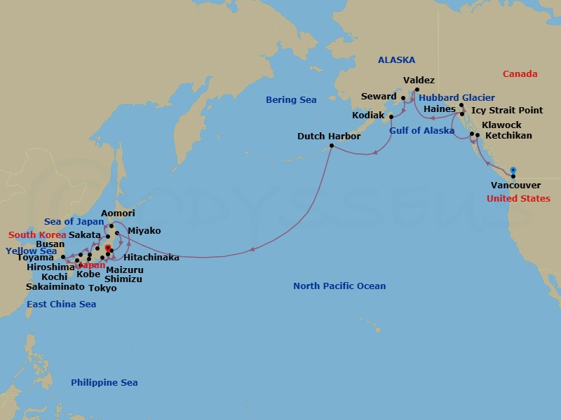 36 Night - Canada to Japan Grand Voyage - Azamara Pursuit - Starting in Vancouver, British Columbia, Cruising Inside Passage, Ketchikan, Alaska, Klawock, Alaska, Icy Strait Point, Alaska, Haines, Alaska, Cruise Hubbard Glacier, Valdez, Alaska, Seward, Alaska, Kodiak, Alaska, Dutch Harbor, Alaska, Cross International Dateline East, Miyako, Iwate, Hitachinaka, Tokyo, Aomori, Sakata, Toyama, Maizuru, Sakaiminato, Busan, Hiroshima, Kochi, Kobe, Mount Fuji (Shimizu), Tokyo itinerary map