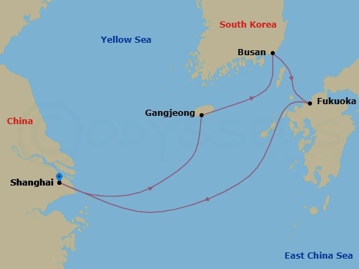 5 Night - Far East - MSC Bellissima - Starting in Shanghai, China, Gangjeong / Jeju Island, South Korea, Busan, South Korea, Fukuoka (Hakata), Japan, Shanghai, China itinerary map