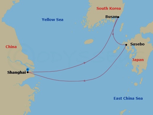 5 Night - Far East - MSC Bellissima - Starting in Shanghai, China, Busan, South Korea, Sasebo, Japan, Shanghai, China itinerary map