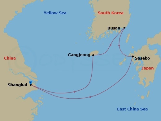 5 Night - Far East - MSC Bellissima - Starting in Shanghai, China, Gangjeong / Jeju Island, South Korea, Busan, South Korea, Sasebo, Japan, Shanghai, China itinerary map