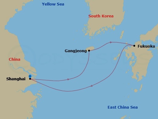 4 Night - Far East - MSC Bellissima - Starting in Shanghai, China, Gangjeong / Jeju Island, South Korea, Fukuoka (Hakata), Japan, Shanghai, China itinerary map