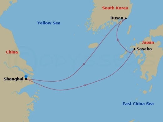 5 Night - Far East - MSC Bellissima - Starting in Shanghai, China, Sasebo, Japan, Busan, South Korea, Shanghai, China itinerary map