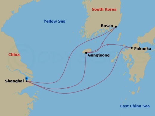 8 Night - Far East - MSC Bellissima - Starting in Shanghai, China, Gangjeong / Jeju Island, South Korea, Fukuoka (Hakata), Japan, Shanghai, China, Gangjeong / Jeju Island, South Korea, Busan, South Korea, Shanghai, China itinerary map
