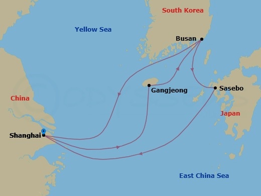 9 Night - Far East - MSC Bellissima - Starting in Shanghai, China, Gangjeong / Jeju Island, South Korea, Busan, South Korea, Sasebo, Japan, Shanghai, China, Gangjeong / Jeju Island, South Korea, Busan, South Korea, Shanghai, China itinerary map