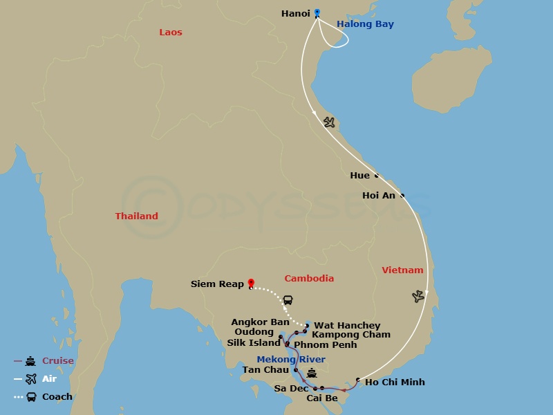 21 Night - Essence of Vietnam, Cambodia & Luxury Mekong - Scenic Spirit - Starting in Hanoi, Hanoi to Halong Bay, Halong Bay, Halong Bay to Hanoi, Hanoi to Hoi An, Hoi An, Hoi An to Hue, Hue / Ho Chi Minh City, Ho Chi Minh City, Ho Chi Minh City / Mekong Cruise, Cai Be / Sa Dec, Tan Chau / Border Crossing, Phnom Penh, Phnom Penh / Oudong, Silk Island / Angkor Ban, Wat Hanchey / Kampong Cham, Mekong Cruise / Siem Reap, Siem Reap, Depart Siem Reap itinerary map