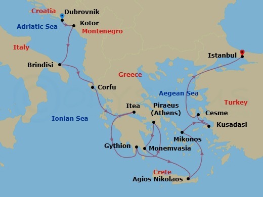 14 Night - Montenegro, Italy, Mykonos & Turkey - Seabourn Ovation - Starting in Dubrovnik, Croatia, Kotor, Montenegro, Brindisi (Lecce), Italy, Corfu, Greece, Itea (Delphi), Greece, Gythion (Sparta), Greece, Piraeus (Athens), Greece, Monemvasia, Greece, Agios Nikolaos, Crete, Greece, Mykonos, Greece, Kusadasi (Ephesus), Turkey, Cesme, Turkey, Istanbul, Turkey itinerary map