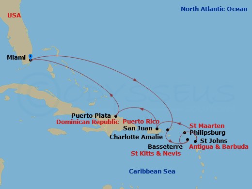 10 Night - Caribbean and Antilles - MSC Poesia - Starting in Miami, Florida, Charlotte Amalie (St Thomas) Virgin Islands, Basseterre, Saint Kitts and Nevis, Philipsburg, St Maarten, St Johns AG, Antigua, San Juan, Puerto Rico, Puerto Plata, Dominican Republic, Miami, Florida itinerary map