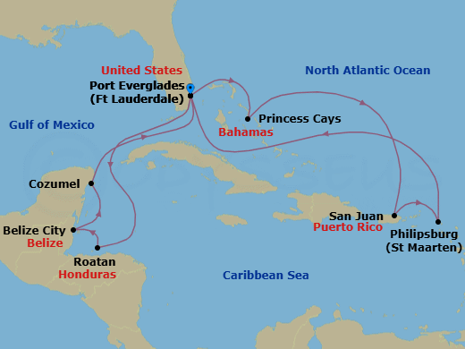 14 Night - Eastern / Western Caribbean Adventurer - Regal Princess - Starting in Fort Lauderdale, Florida, Roatan (Isla Tropicale), Honduras, Belize City, Belize, Cozumel, Mexico, Fort Lauderdale, Florida, Princess Cays, Bahamas, San Juan, Puerto Rico, St Maarten, Fort Lauderdale, Florida itinerary map