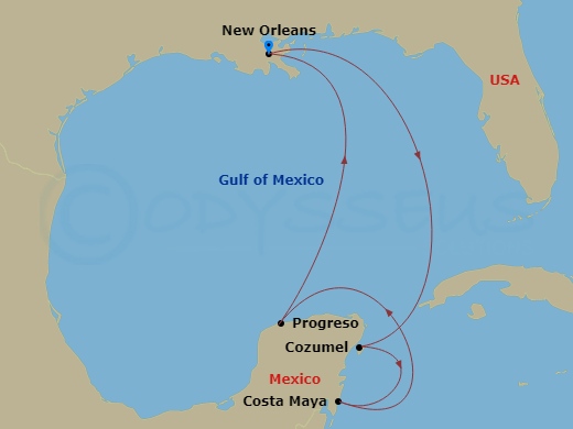 8 Night - Western Caribbean Cruise - Mariner of the Seas - Starting in New Orleans, Louisiana, Cozumel, Mexico, Puerto Costa Maya, Mexico, Yucatan (Progreso), Mexico, New Orleans, Louisiana itinerary map