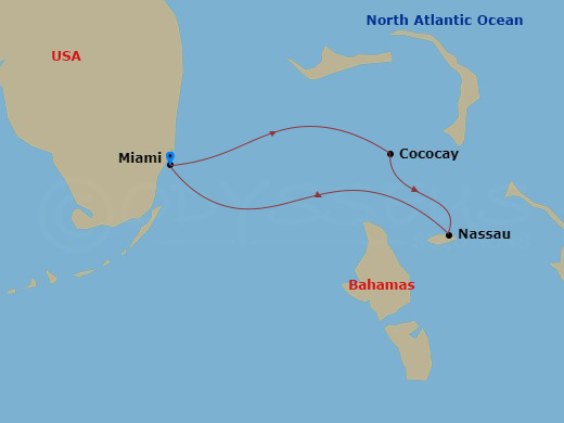 4 Night - Bahamas & Perfect Day Cruise - Allure of the Seas - Starting in Miami, Florida, Perfect Day Cococay, Bahamas, Nassau, Bahamas, Miami, Florida itinerary map