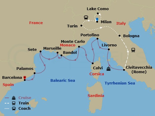 17 Night - Icons of Italy & Mediterranean Rivieras - Cruise & Land Journey - Scenic Ikon - Starting in Milan, Lake Como, Milan, Milan / Turin via Pessione, Turin, Turin / Bologna, Bologna, Bologna / Rome, Civitavecchia (Rome), Italy, Livorno, Italy, Portofino, Italy, Calvi, Corsica, France, Monte Carlo, Monaco, Bandol, France / Marseille, France, Marseille, France, Sete, France, Palamos, Spain / Barcelona, Spain, Barcelona, Spain itinerary map