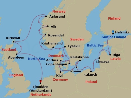 21 Night - Fairytale Capitals - Seven Seas Mariner - Starting in Helsinki, Cruising the Baltic Sea, Riga, Liepaja, Gdansk (Gdynia), Cruising the Baltic Sea, Ronne, Karlskrona, Kiel, Aarhus, Copenhagen, Lysekil, Kristiansand, Rosendal, Vik, Alesund, Cruising the Norwegian Sea, Kirkwall (Orkney Islands), Aberdeen, Cruising the North Sea, Amsterdam (Ijmuiden) itinerary map