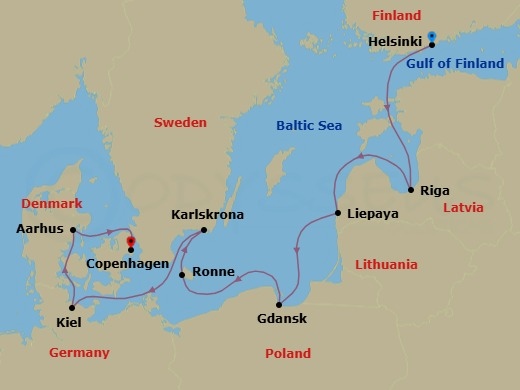 11 Night - Romance Across the Baltic - Seven Seas Mariner - Starting in Helsinki, Cruising the Baltic Sea, Riga, Liepaja, Gdansk (Gdynia), Cruising the Baltic Sea, Ronne, Karlskrona, Kiel, Aarhus, Copenhagen itinerary map