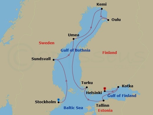 11 Night - Jewels of Scandinavia - Seven Seas Mariner - Starting in Stockholm, Cruising the Baltic Sea, Sundsvall, Umea, Kemi, Oulu, Cruising the Baltic Sea, Turku, Tallinn, Kotka, Helsinki itinerary map