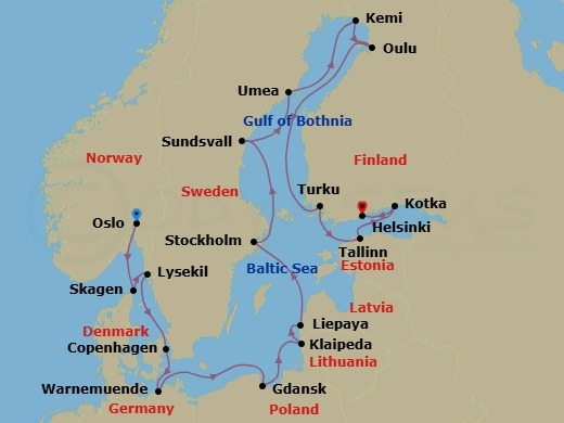 22 Night - Baltic Sea Discovery - Seven Seas Mariner - Starting in Oslo, Skagen, Lysekil, Copenhagen, Berlin (Warnemunde), Cruising the Baltic Sea, Gdansk (Gdynia), Klaipeda, Liepaja, Cruising the Baltic Sea, Stockholm, Cruising the Baltic Sea, Sundsvall, Umea, Kemi, Oulu, Cruising the Baltic Sea, Turku, Tallinn, Kotka, Helsinki itinerary map