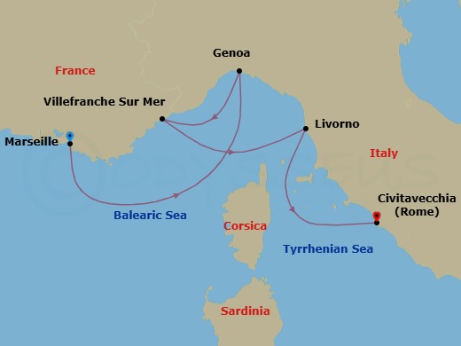 4 Night - A Journey from Provence's Charm to Italy's Cultural Heart - EXPLORA II - Starting in Marseille, Genoa, Villefranche-Sur-Mer (Nice), Livorno (Florence), Civitavecchia (Rome) itinerary map