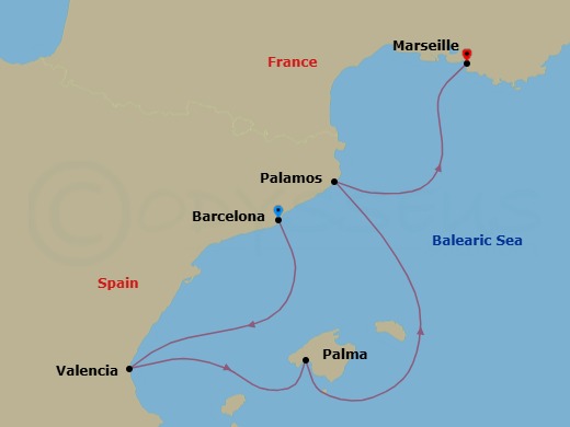 5 Night - A Journey of Catalan Coasts & Mediterranean Serenity - EXPLORA II - Starting in Barcelona, Valencia, Palma De Mallorca, Palamos, Marseille itinerary map