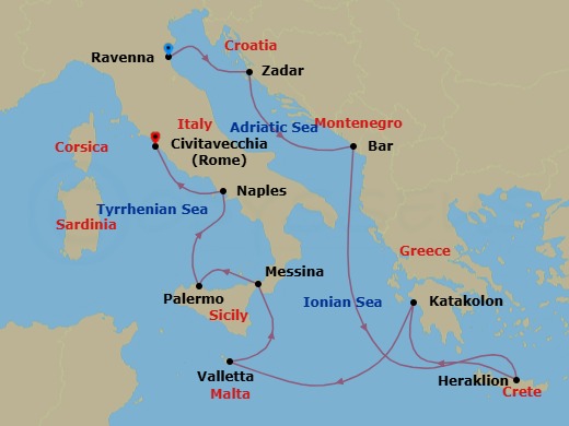11 Night - Mediterranean with Greek Isles & Italy - Enchanted Princess - Starting in Ravenna, Italy, Zadar, Croatia, Montenegro, Crete (Heraklion), Greece, Katakolon (for Olympia), Greece, Valletta, Malta, Sicily (Messina), Italy, Sicily (Palermo), Italy, Naples, Italy (for Capri and Pompeii), Civitavecchia (for Rome), Italy itinerary map
