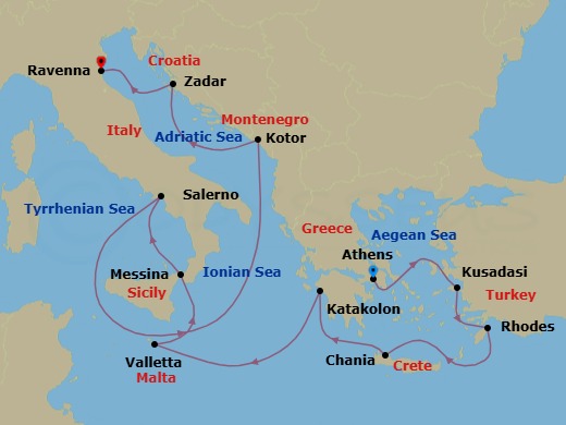 12 Night - Mediterranean with Greek Isles - Enchanted Princess - Starting in Athens (Piraeus), Greece, Kusadasi, Turkey (for Ephesus), Rhodes, Greece, Crete (Chania), Greece, Katakolon (for Olympia), Greece, Valletta, Malta, Sicily (Messina), Italy, Amalfi Coast (Salerno), Kotor, Montenegro, Zadar, Croatia, Ravenna, Italy itinerary map