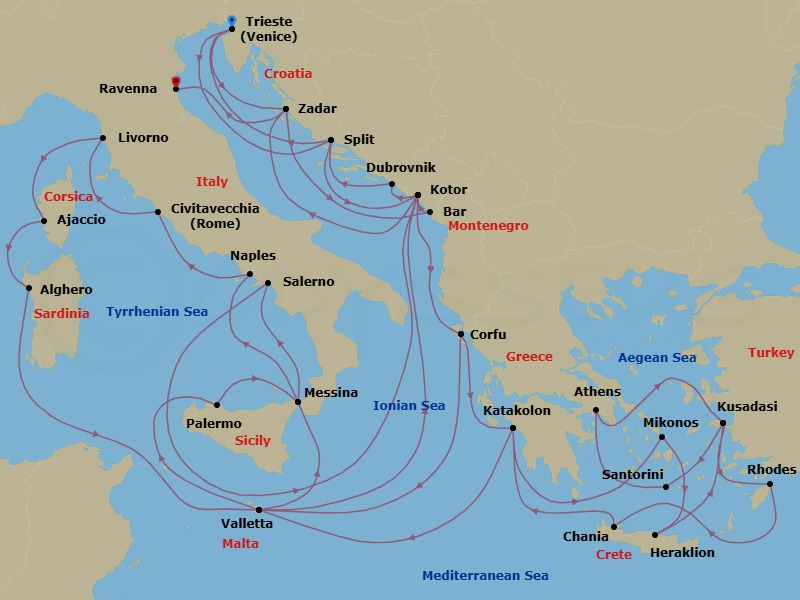 42 Night - The Best of the Mediterranean - Enchanted Princess - Starting in Trieste (for Venice), Italy, Zadar, Croatia, Montenegro, Kotor, Montenegro, Corfu, Greece, Valletta, Malta, Sicily (Palermo), Italy, Sicily (Messina), Italy, Naples, Italy (for Capri and Pompeii), Civitavecchia (for Rome), Italy, Livorno (for Florence / Pisa), Italy, Corsica (Ajaccio), France, Sardinia (Alghero), Italy, Valletta, Malta, Kotor, Montenegro, Dubrovnik, Croatia, Split, Croatia, Trieste (for Venice), Italy, Split, Croatia, Kotor, Montenegro, Corfu, Greece, Katakolon (for Olympia), Greece, Mykonos, Greece, Crete (Heraklion), Greece, Kusadasi, Turkey (for Ephesus), Santorini, Greece, Athens (Piraeus), Greece, Kusadasi, Turkey (for Ephesus), Rhodes, Greece, Crete (Chania), Greece, Katakolon (for Olympia), Greece, Valletta, Malta, Sicily (Messina), Italy, Amalfi Coast (Salerno), Kotor, Montenegro, Zadar, Croatia, Ravenna, Italy itinerary map