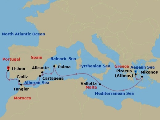 10 Night - Mediterranean Splendor : Greece, Malta & Spain - Nieuw Statendam - Starting in Piraeus (Athens), Greece, Mykonos, Greece, Valletta, Malta, Palma De Mallorca, Spain, Alicante, Spain, Cartagena ES, Tangier, Morocco, Cadiz (Seville), Spain, Lisbon, Portugal itinerary map