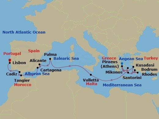 17 Night - Greek Isles : Malta, Spain & Athens Overnight - Nieuw Statendam - Starting in Piraeus (Athens), Greece, Thira (Santorini), Greece, Bodrum, Turkey, Rhodes, Greece, Kusadasi (Ephesus), Turkey, Piraeus (Athens), Greece, Mykonos, Greece, Valletta, Malta, Palma De Mallorca, Spain, Alicante, Spain, Cartagena ES, Tangier, Morocco, Cadiz (Seville), Spain, Lisbon, Portugal itinerary map