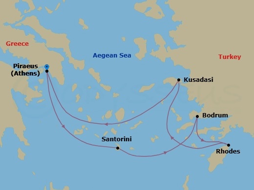 7 Night - Greek Isles : Athens Overnight - Nieuw Statendam - Starting in Piraeus (Athens), Greece, Thira (Santorini), Greece, Bodrum, Turkey, Rhodes, Greece, Kusadasi (Ephesus), Turkey, Piraeus (Athens), Greece itinerary map
