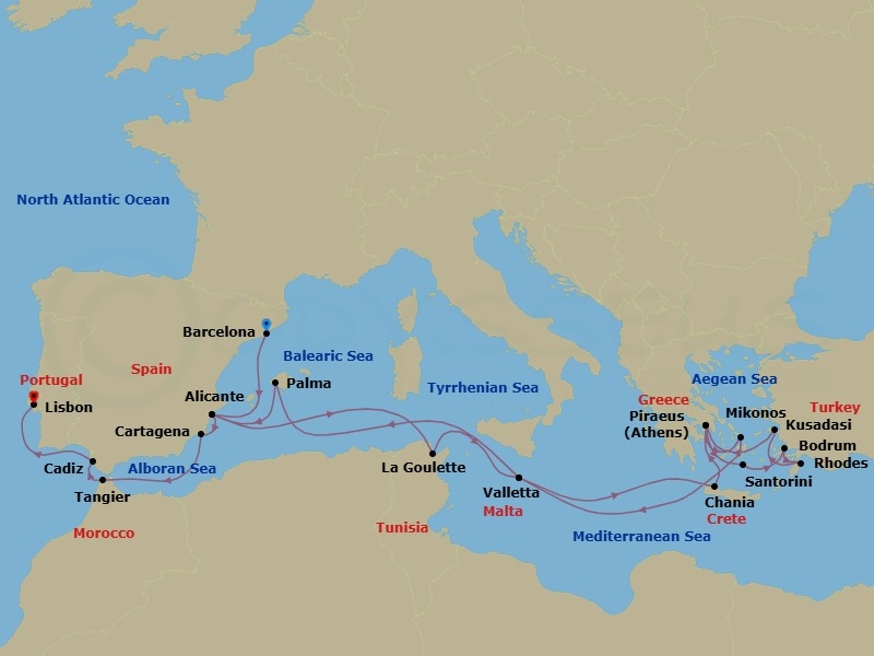 24 Night - Western Mediterranean & Greek Isles : Athens Overnight - Nieuw Statendam - Starting in Barcelona, Spain, Alicante, Spain, La Goulette (Tunis), Tunisia, Valletta, Malta, Souda (Chania), Greece, Piraeus (Athens), Greece, Thira (Santorini), Greece, Bodrum, Turkey, Rhodes, Greece, Kusadasi (Ephesus), Turkey, Piraeus (Athens), Greece, Mykonos, Greece, Valletta, Malta, Palma De Mallorca, Spain, Alicante, Spain, Cartagena ES, Tangier, Morocco, Cadiz (Seville), Spain, Lisbon, Portugal itinerary map