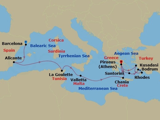 14 Night - Western Mediterranean & Greek Isles : Athens Overnight - Nieuw Statendam - Starting in Barcelona, Spain, Alicante, Spain, La Goulette (Tunis), Tunisia, Valletta, Malta, Souda (Chania), Greece, Piraeus (Athens), Greece, Thira (Santorini), Greece, Bodrum, Turkey, Rhodes, Greece, Kusadasi (Ephesus), Turkey, Piraeus (Athens), Greece itinerary map