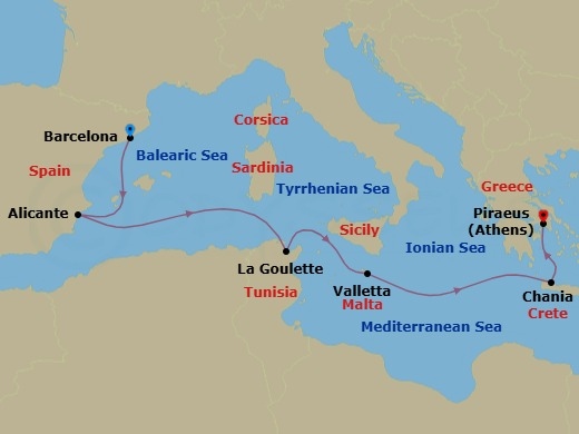 7 Night - Mediterranean Splendor : Spain, Malta & Greece - Nieuw Statendam - Starting in Barcelona, Spain, Alicante, Spain, La Goulette (Tunis), Tunisia, Valletta, Malta, Souda (Chania), Greece, Piraeus (Athens), Greece itinerary map
