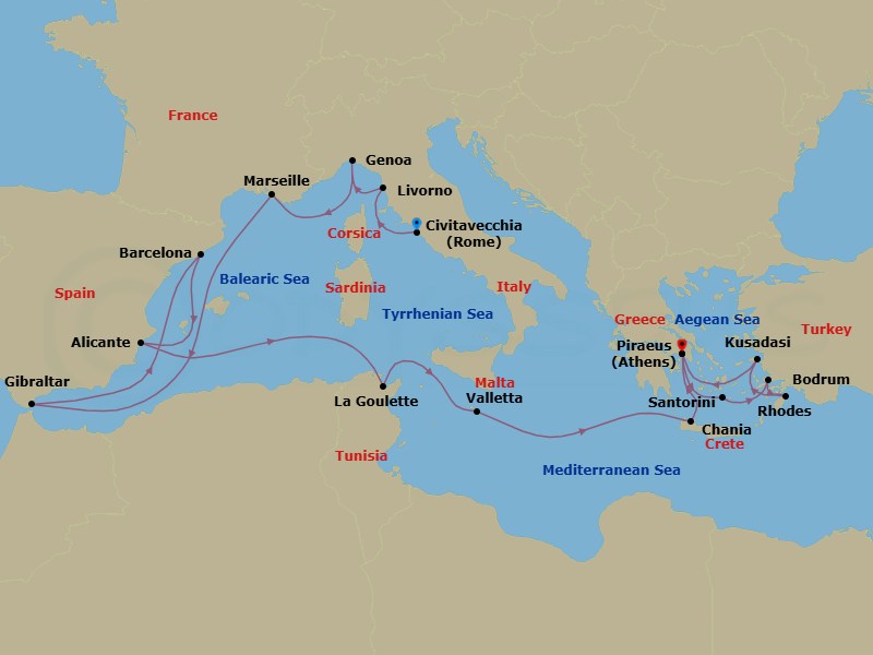 21 Night - Western Mediterranean & Greek Isles : Athens Overnight - Nieuw Statendam - Starting in Civitavecchia (Rome), Italy, Livorno (Florence / Pisa), Italy, Genoa, Italy, Marseille (Provence), France, Gibraltar, Barcelona, Spain, Alicante, Spain, La Goulette (Tunis), Tunisia, Valletta, Malta, Souda (Chania), Greece, Piraeus (Athens), Greece, Thira (Santorini), Greece, Bodrum, Turkey, Rhodes, Greece, Kusadasi (Ephesus), Turkey, Piraeus (Athens), Greece itinerary map